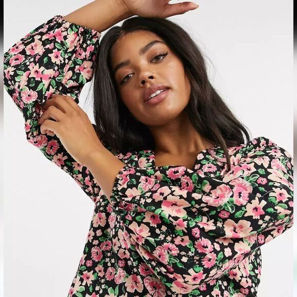 ASOS LONG BUBBLE SLEEVE MIDI DRESS IN BLACK FLORAL PRINT-MULTI Size 12 - Picture 12 of 12